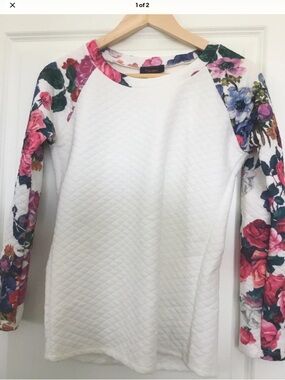 White Quilted Raglan Sweatshirt with Floral Sleeves